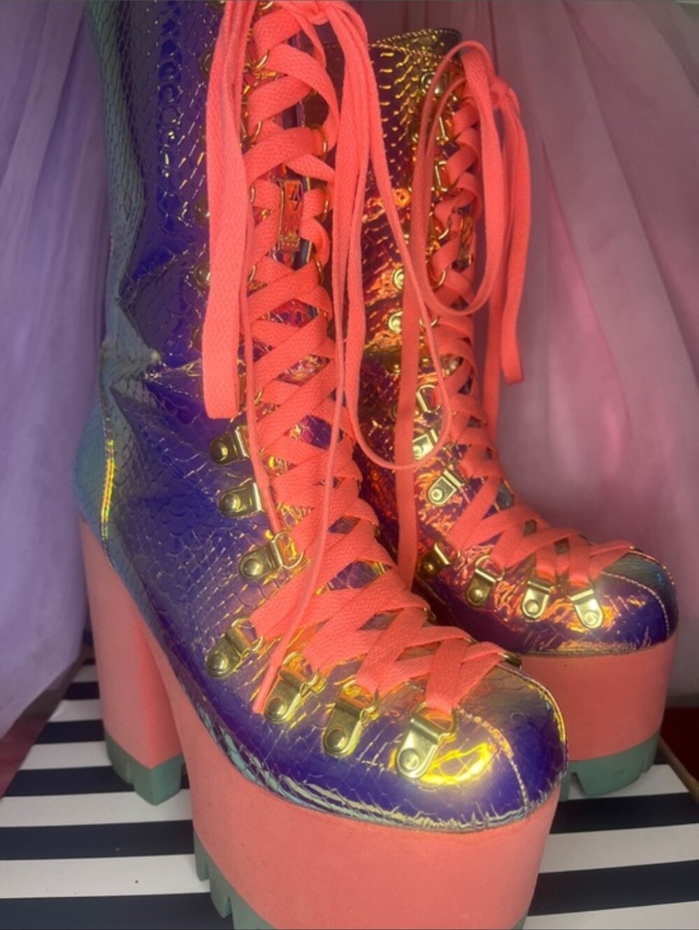Dolls Kill Iridescent Purple Lace-Up Platform Boots with Coral Laces Size 7